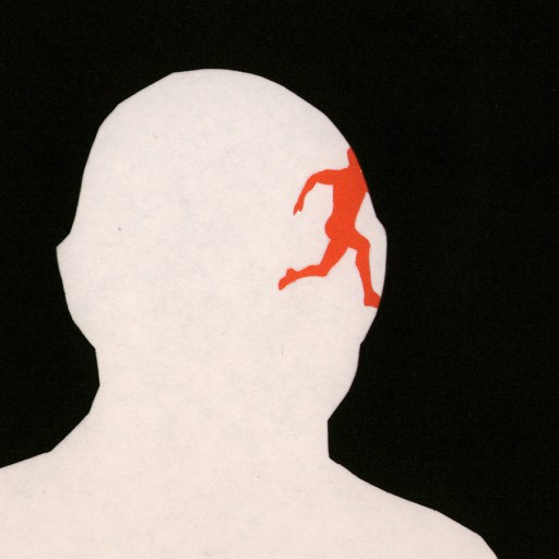 Silhouette of a human head in white with a small red figure appearing to move or climb inside, set against a black background—illustrating how our brains shape our selves.