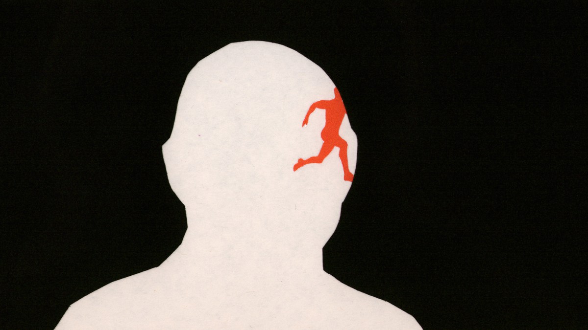 Silhouette of a human head in white with a small red figure appearing to move or climb inside, set against a black background—illustrating how our brains shape our selves.