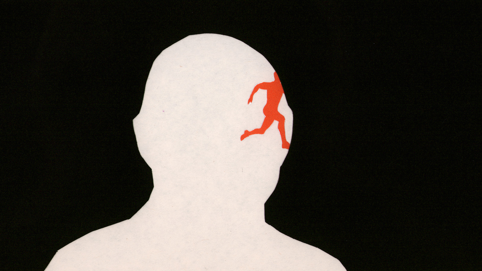 Silhouette of a human head in white with a small red figure appearing to move or climb inside, set against a black background—illustrating how our brains shape our selves.