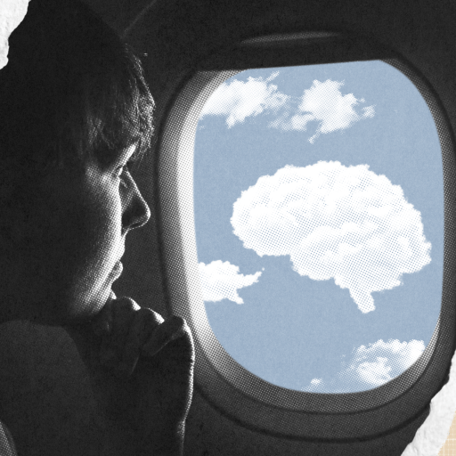 A person looks out an airplane window at a cloud shaped like a brain in the sky, with a contemplative expression.