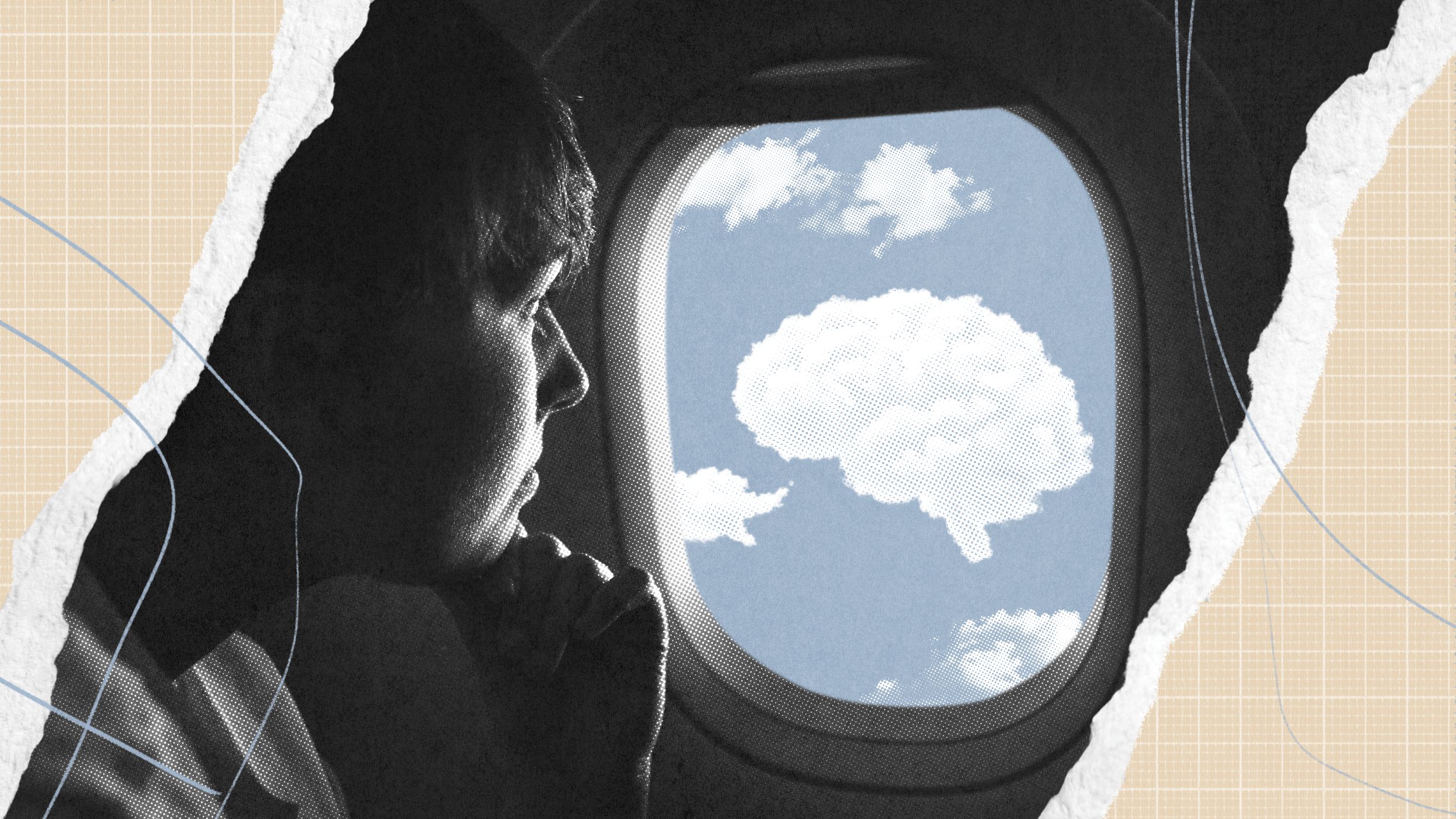 A person looks out an airplane window at a cloud shaped like a brain in the sky, with a contemplative expression.
