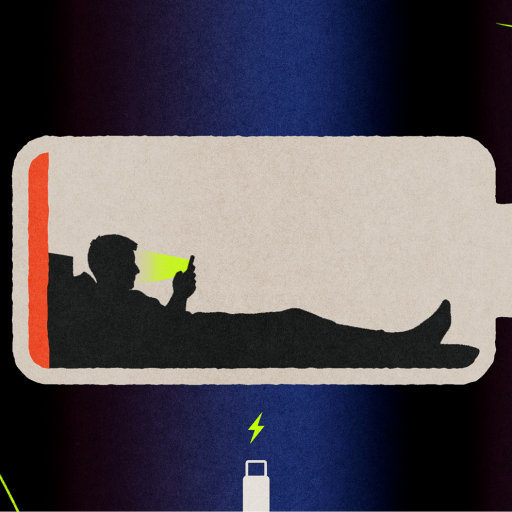 Illustration of a person lying inside a low battery icon, using a phone with a yellow screen, against a dark blue and black background with neon accents.
