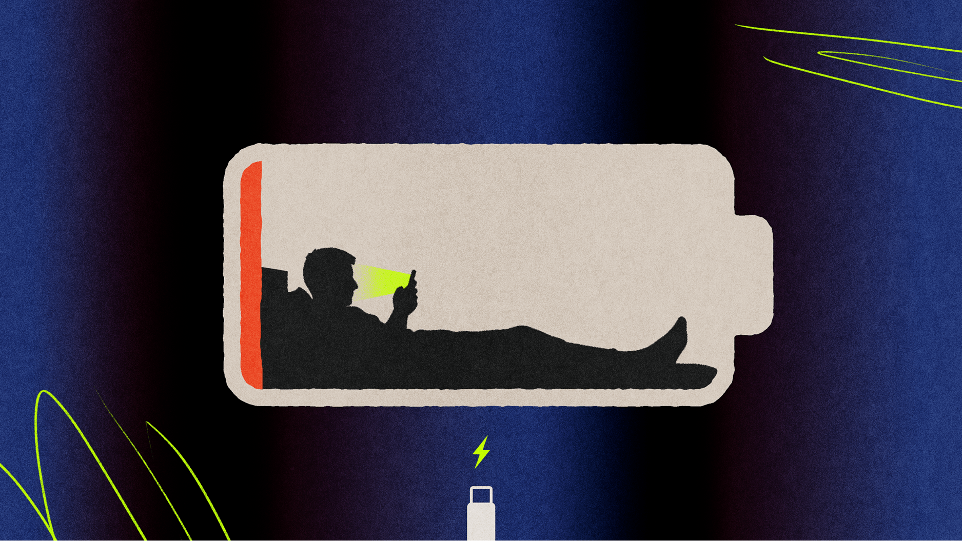 Illustration of a person lying inside a low battery icon, using a phone with a yellow screen, against a dark blue and black background with neon accents.