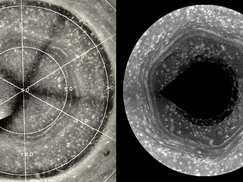 Two black and white images show Saturn&rsquo;s north polar hexagon; the left includes overlaid circular and radial measurement lines, while the right shows the hexagonal pattern more clearly.