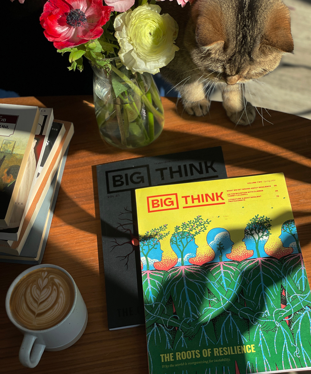 A vase of flowers, a cat, a cup of latte, and two Big Think magazines are arranged on a wooden table with sunlight streaming in.
