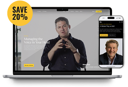 A laptop shows a man speaking in a video titled "Managing the Voice in Your Head"; a smartphone displays another man labeled "A Better Way to Sell." A "Save 20%" badge appears in the corner.