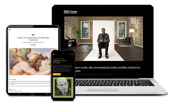 A tablet, smartphone, and laptop display educational content, including an article with art, a video interview, and a profile image, arranged on a white background.