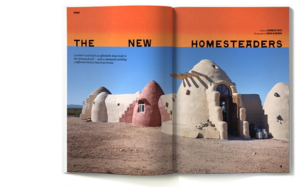 Magazine spread featuring adobe-style dome homes in a desert setting, with the headline "The New Homesteaders" across the top of both pages.