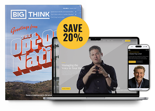 A magazine, a laptop displaying a man speaking in a video, and a smartphone showing the same man; a yellow "Save 20%" circle is overlaid on the image.