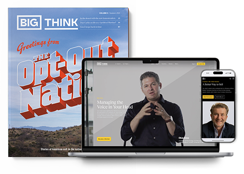A magazine cover, a laptop, and a smartphone are displayed. The devices show a website featuring a man speaking and his portrait. The magazine headline reads "Opt-Out Nation.