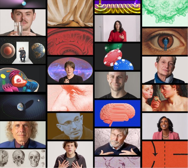 A collage of portraits, scientific illustrations, planets, eyes, brain diagrams, and people speaking or gesturing, arranged in a grid with varied backgrounds and colors.