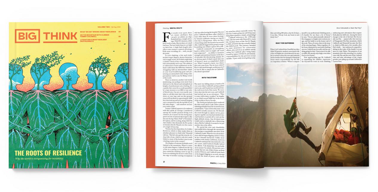 Cover of &ldquo;Big Think&rdquo; magazine with illustrated plants; inside spread shows a person climbing near a portaledge on a cliff face.